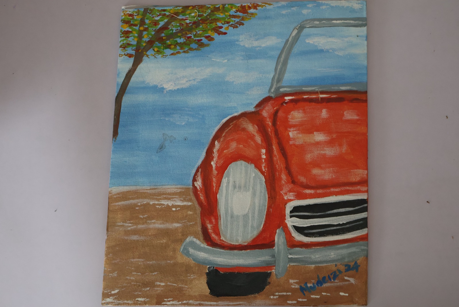 Red Classic painting of a red car by the beach