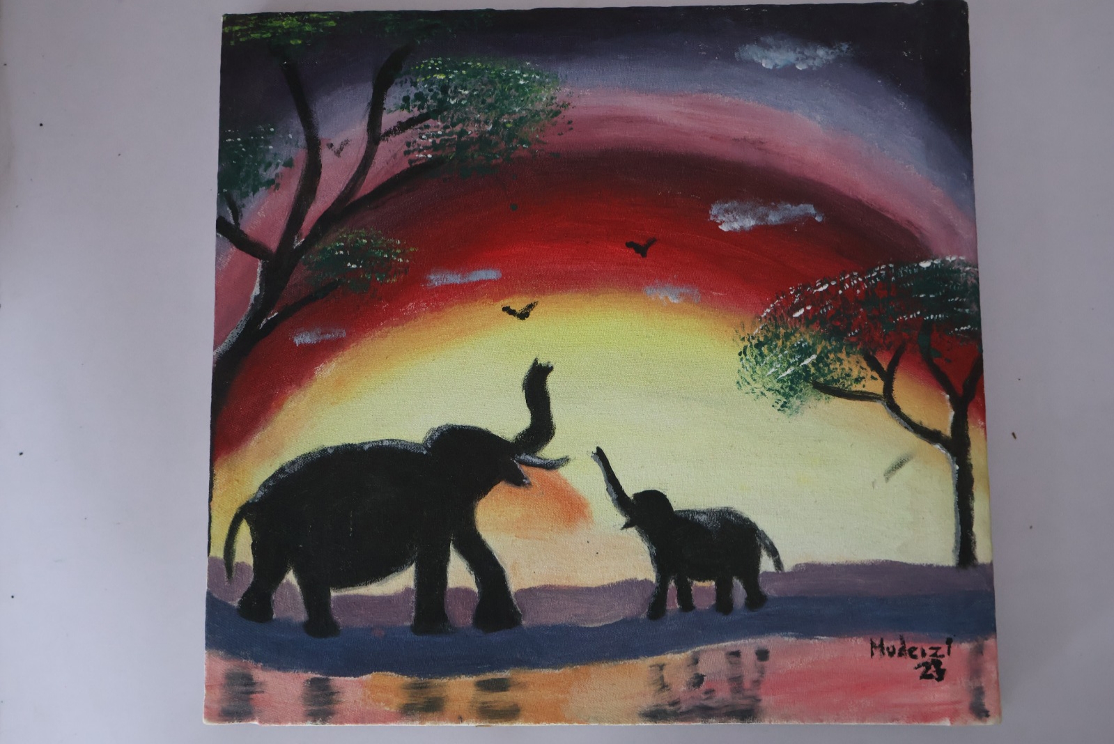 Together at Dusk painting of an elephant and its young
